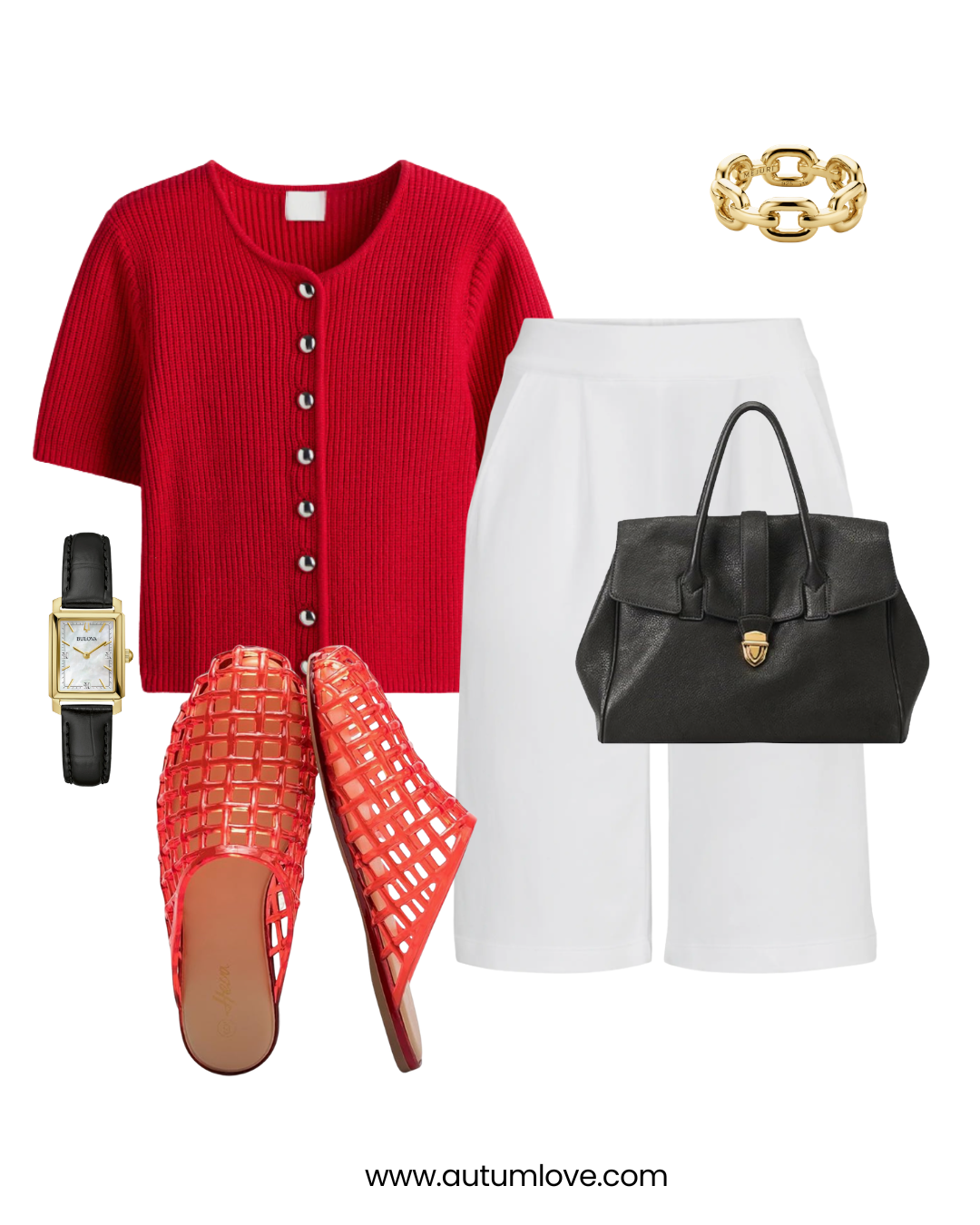 A professional flat-lay outfit featuring a red short-sleeve button-up cardigan, white tailored shorts, orange woven leather mules, a black leather tote bag, and a gold rectangular watch.