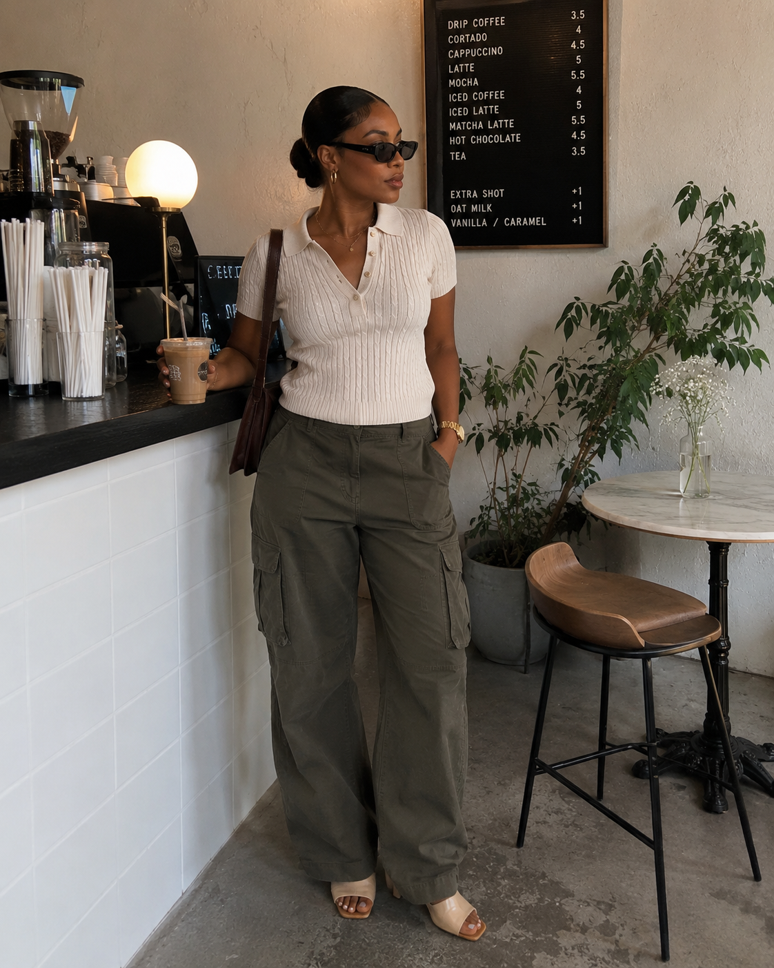 A person wearing olive green relaxed-fit cargo pants with side utility pockets, paired with a white ribbed short-sleeve knit polo shirt and cream-colored slide sandals.