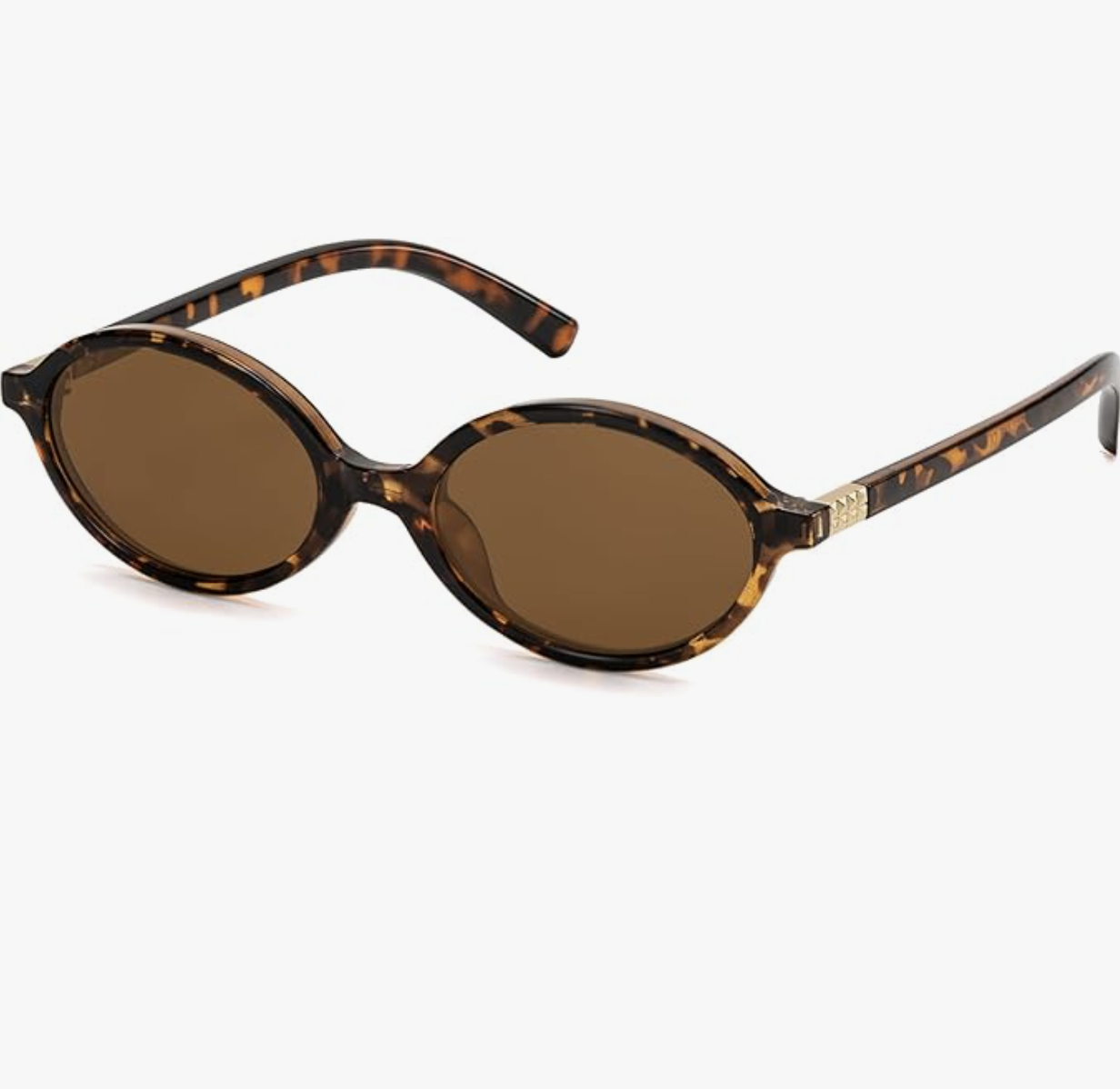 A pair of retro oval sunglasses featuring dark tinted lenses and a brown tortoise-shell acetate frame with gold-tone hardware at the temples.