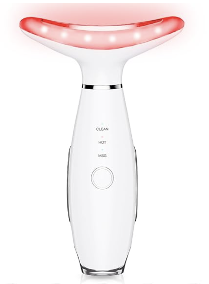 A white ELISHINE 7 Color Neck Face Massager tool used for LED light therapy and facial contouring.