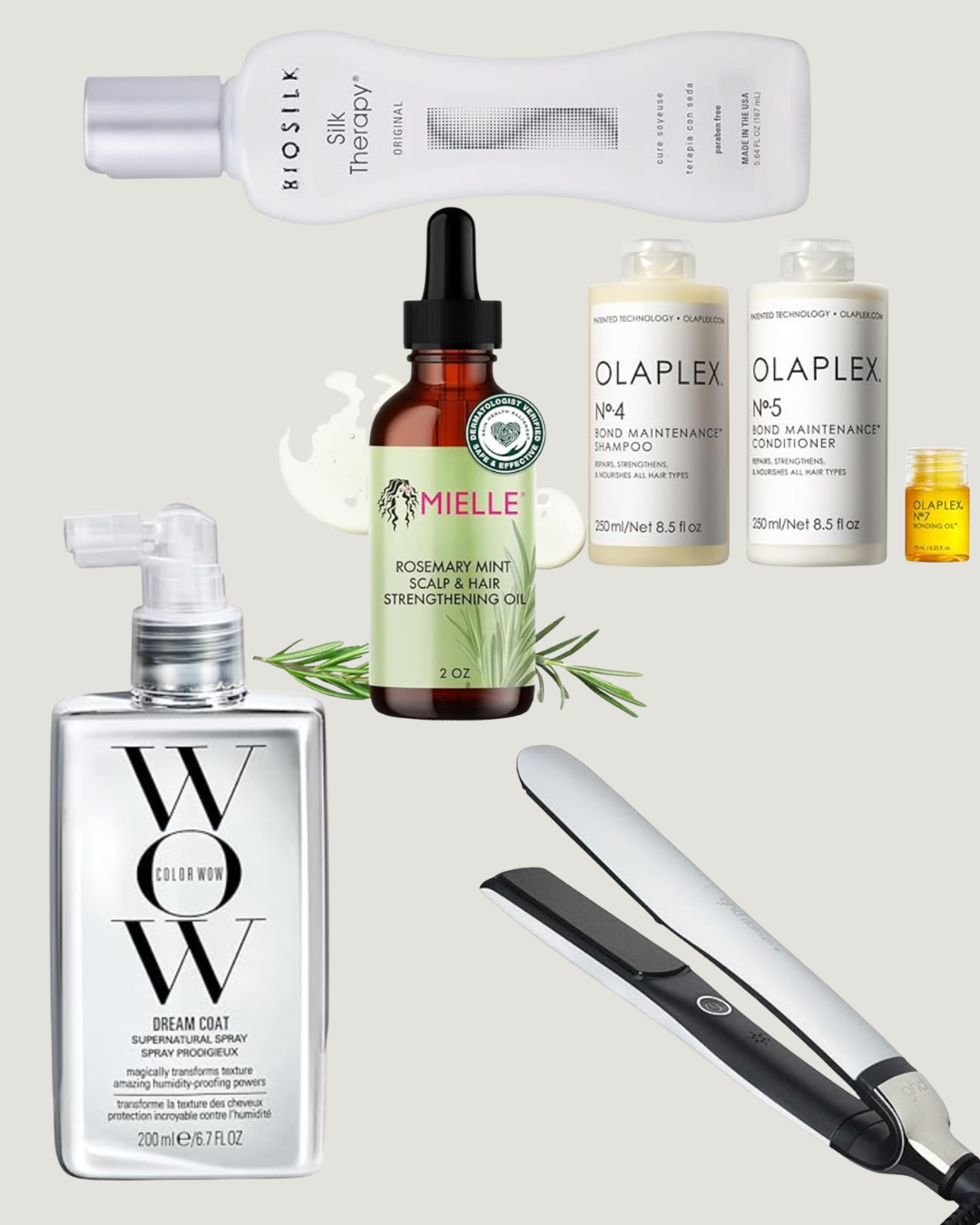 A curated flat lay of Amazon Prime Day hair products featuring BioSilk treatment, Mielle rosemary oil, and Olaplex shampoo.
