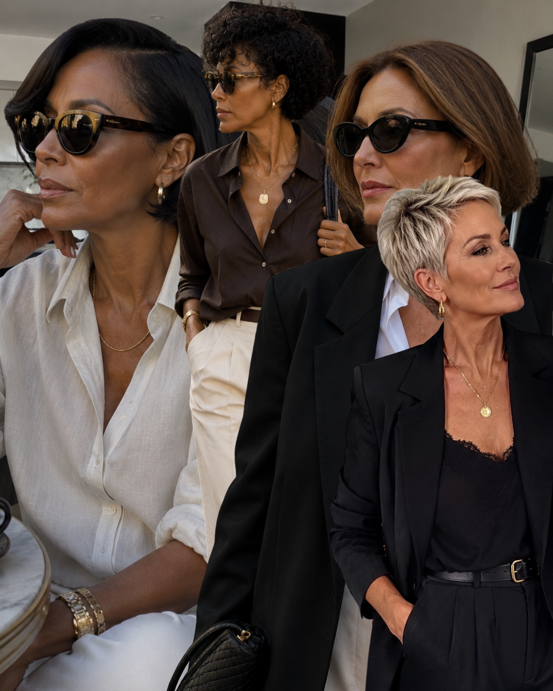A chic style collage featuring modern short haircuts for women over 50, showcasing diverse hair textures, a natural silver cropped pixie cut, and elegant neutral tailoring.