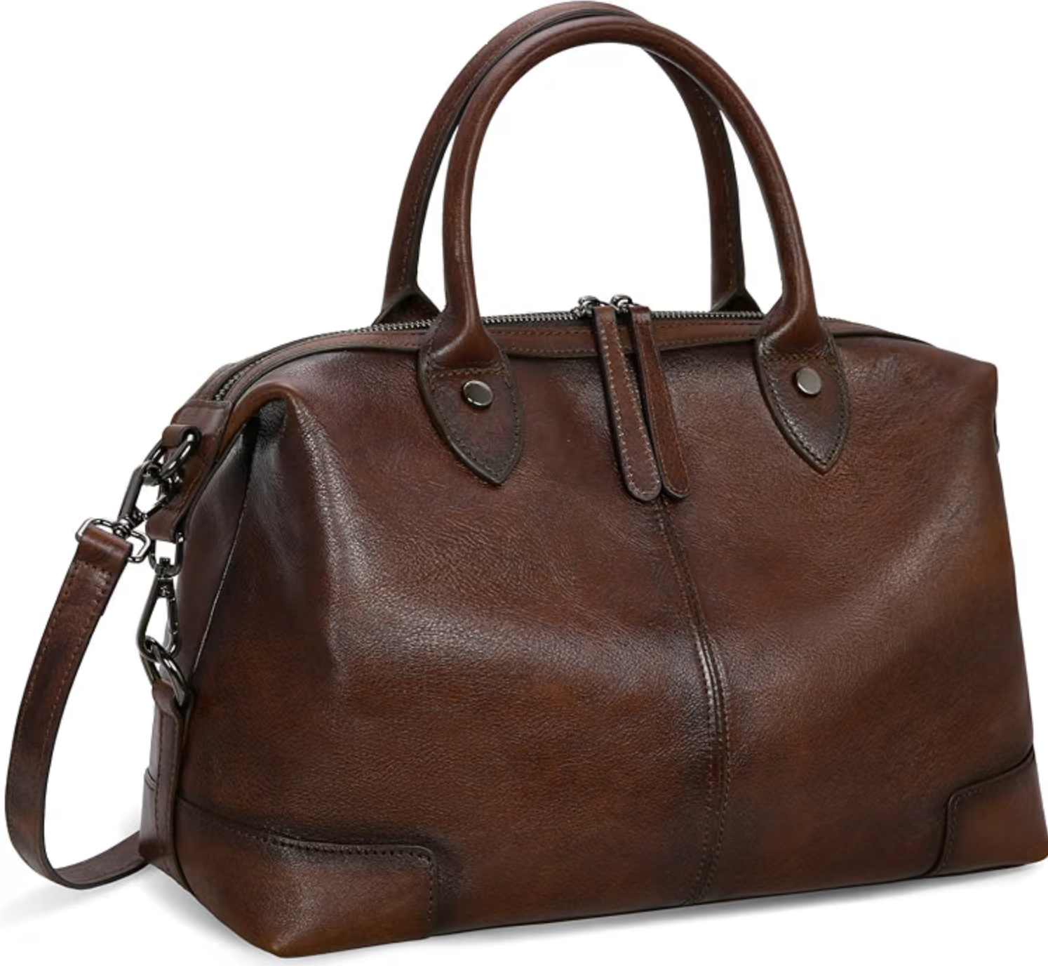 HESHE coffee-brown genuine leather satchel tote with top handle and adjustable strap