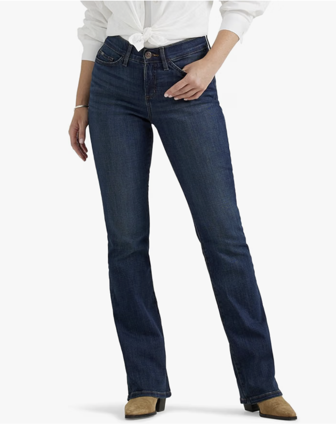 Woman wearing Lee Ultra Lux Flex Motion bootcut jeans with a comfortable mid-rise waistband.