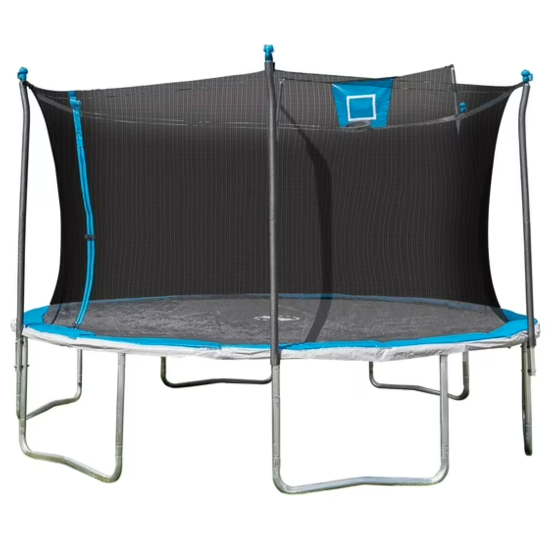 Sportspower Bounce Pro 14' Round Trampoline with Skyslam Basketball Station and Safety-Enclosure in Blue and Silver