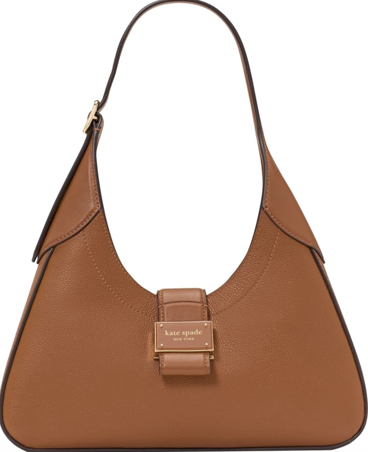 A mid-size camel-colored pebbled leather shoulder bag by Kate Spade, featuring a structured hobo silhouette with a gold-tone logo buckle closure and a wide shoulder strap.