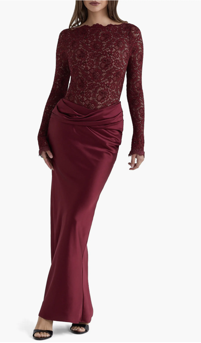 Cabernet HOUSE OF CB Yasmeen gown with long lace sleeves and a flowing satin skirt.