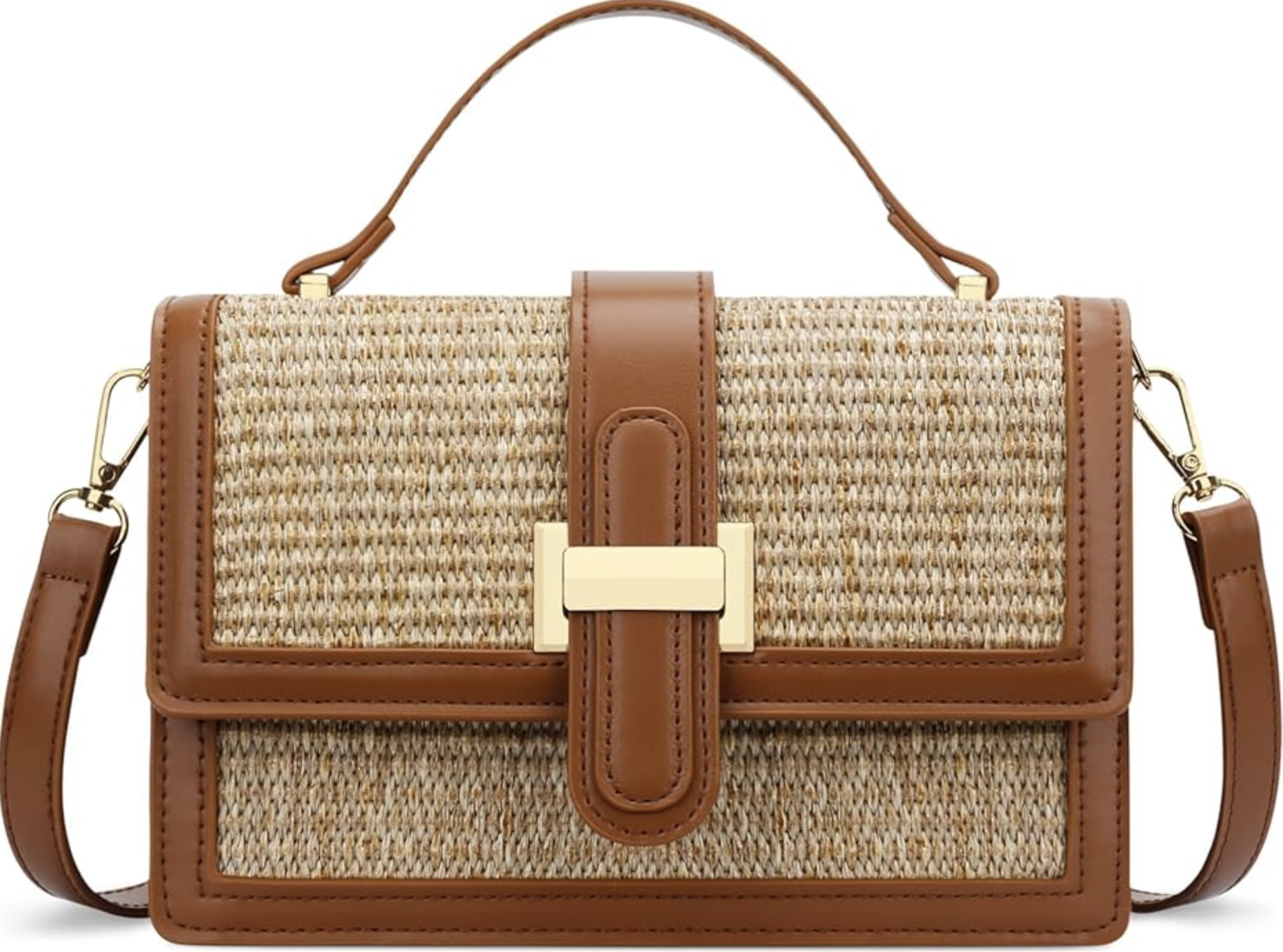 A tan Woven Crossbody Bag with a straw texture, brown leather-like trim, and a gold H-shaped clasp, styled for a summer BBQ outfit.