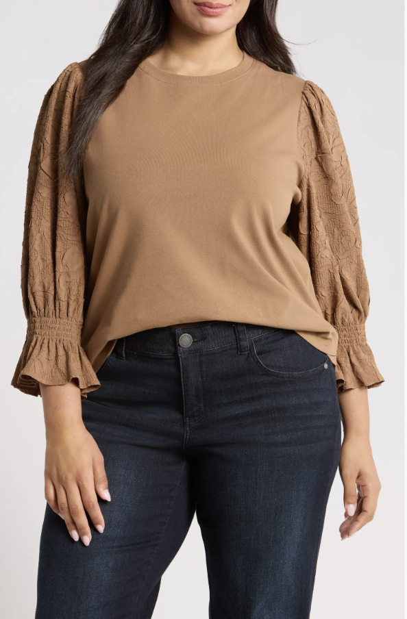 Wit & Wisdom mixed-media top with roomy smocked sleeves.