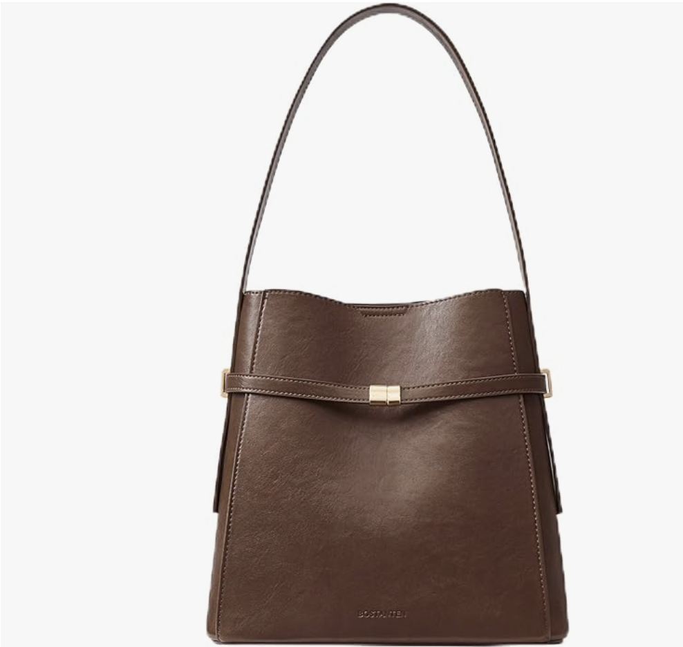 A structured dark brown vegan leather bucket bag with a minimalist gold clasp and a coordinating inner pouch.