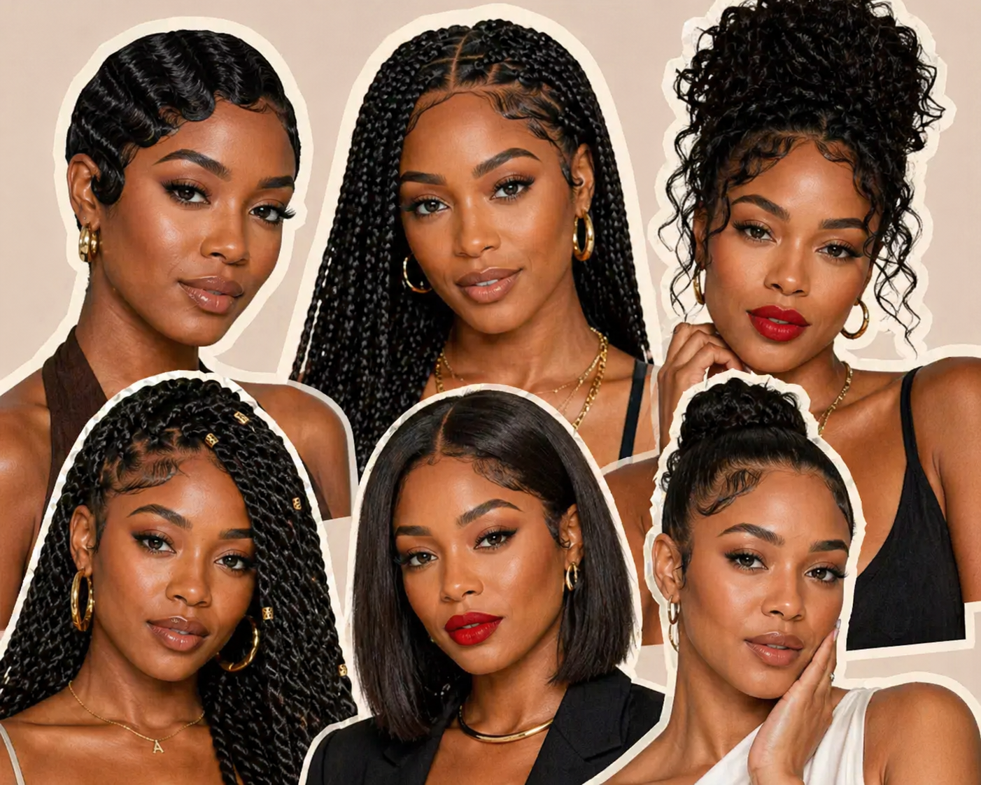 A collage of six women showcasing the primary face shapes, including oval, round, square, heart, oblong, and diamond.