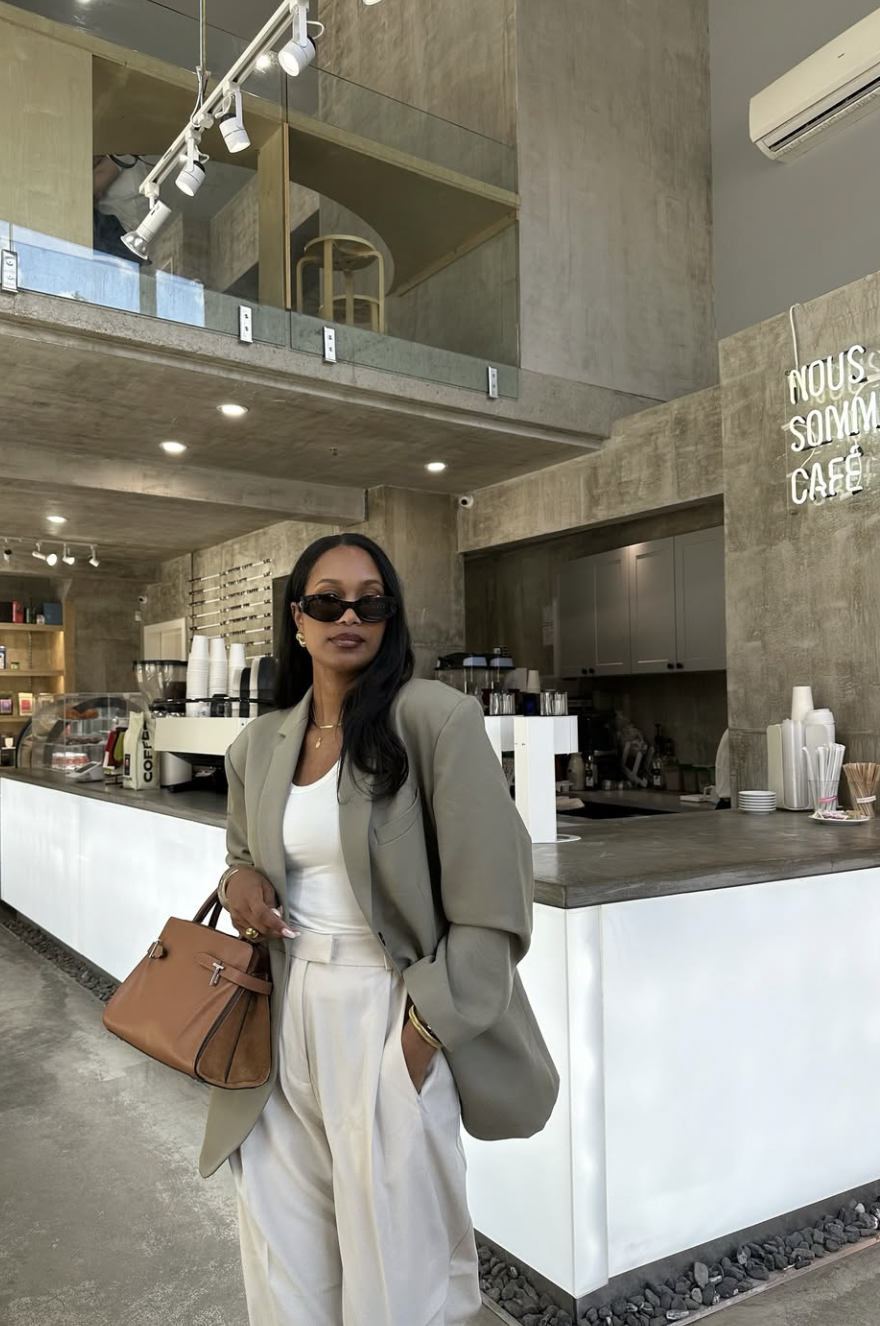 Cream and oatmeal tonal outfit with wool coat