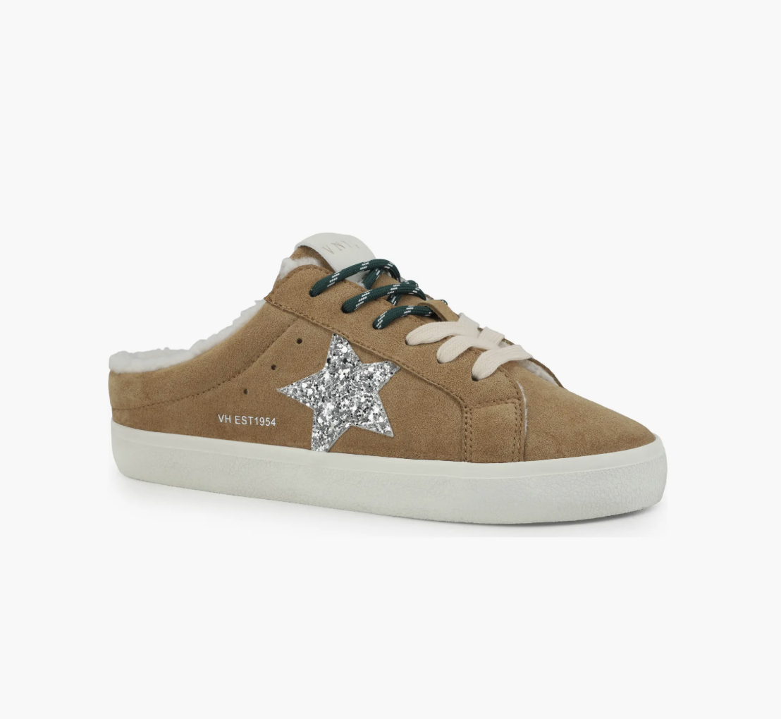 Taupe suede Vintage Havana backless sneaker mules.