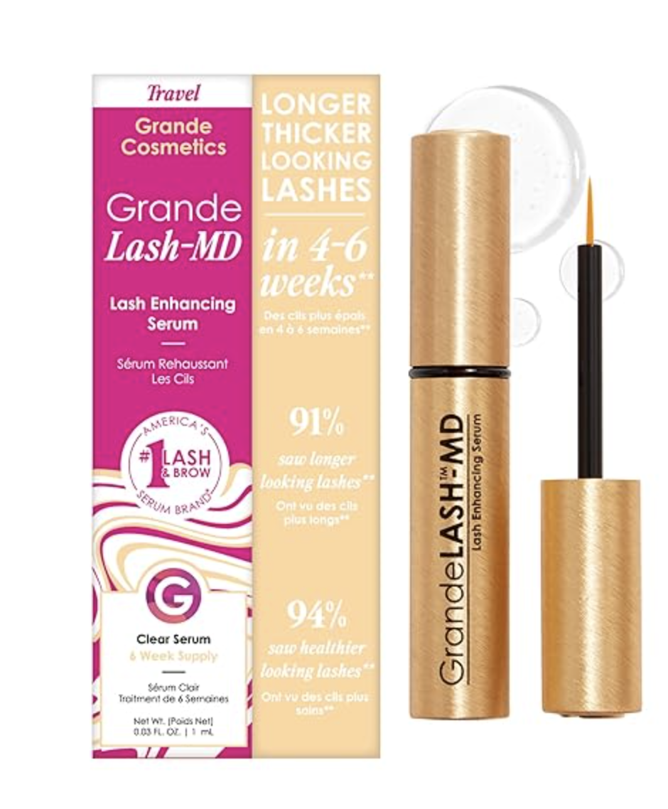 "Grande Cosmetics GrandeLASH-MD Lash Enhancing Serum packaging and tube shown with a fine-tip applicator brush and 6-week results claim."