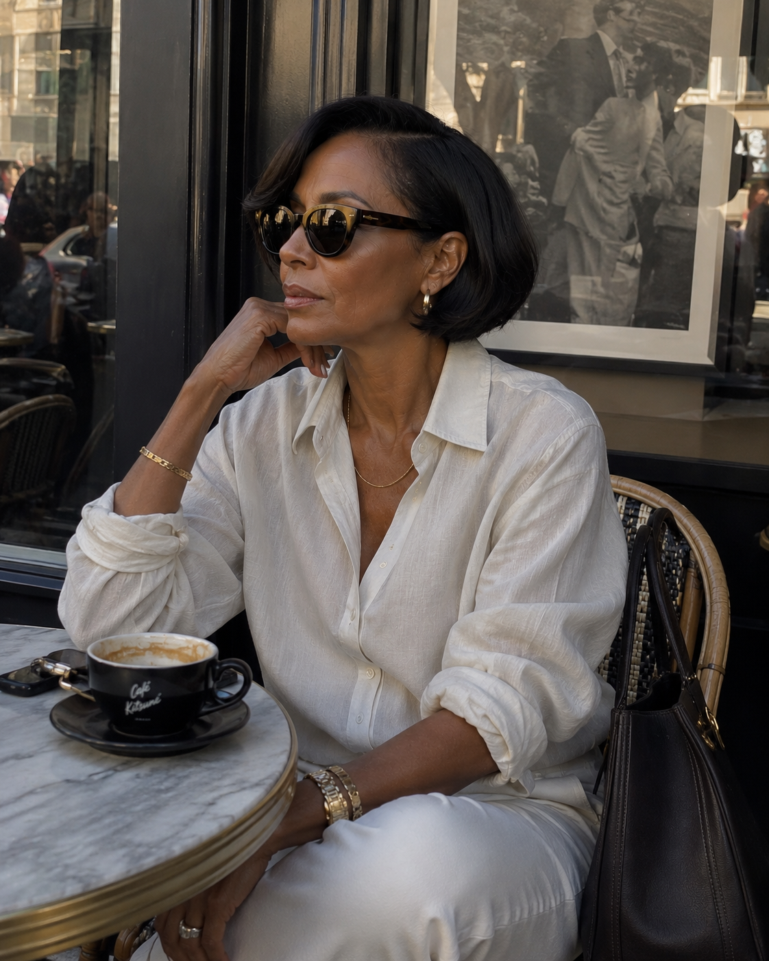 A stylish woman over 50 with a sharp, chin-length brunette French bob wearing a white button-down shirt and sunglasses at an outdoor cafe.