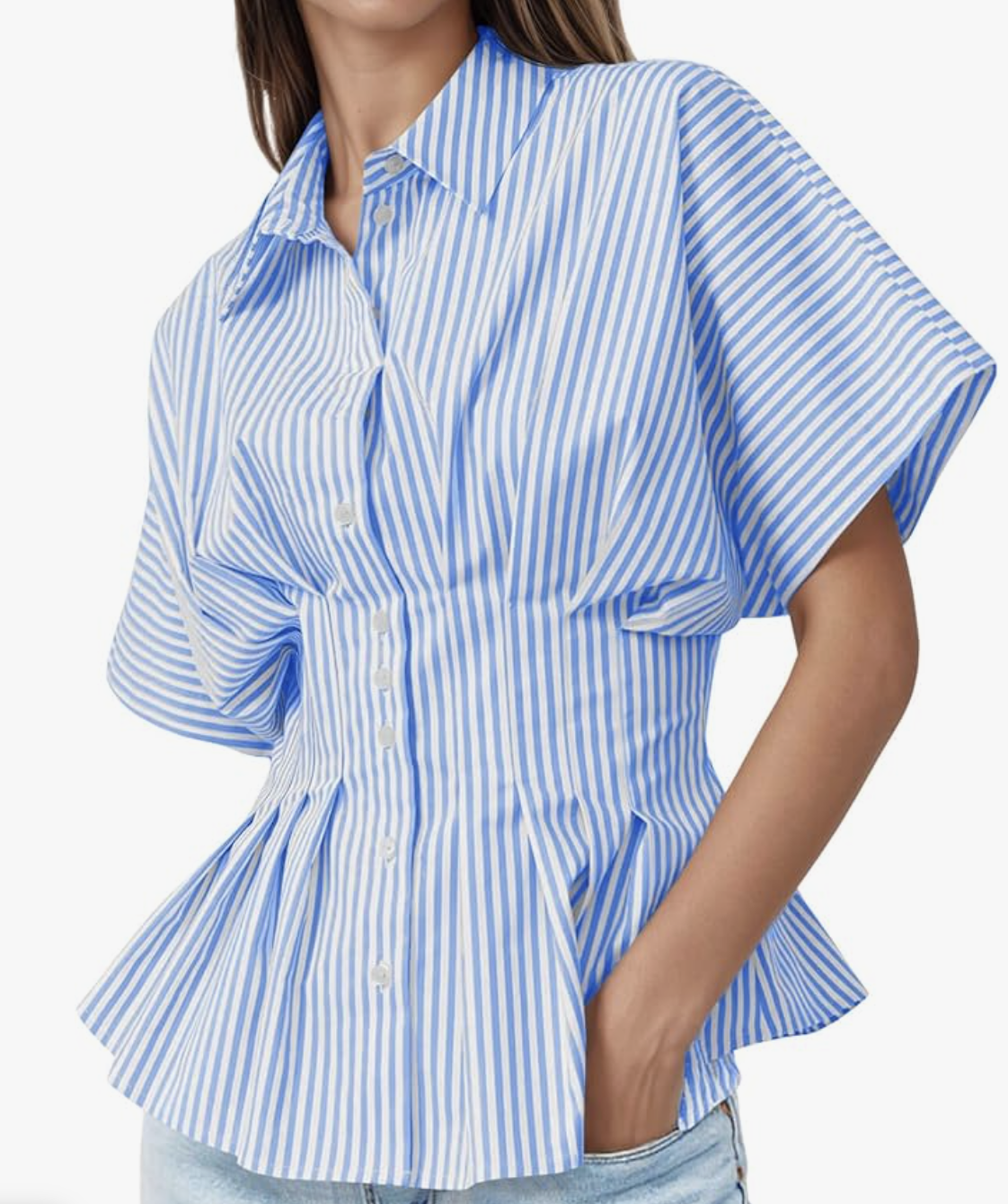 A close-up of a blue and white vertical striped button-down shirt featuring a structured peplum waist and voluminous long sleeves.