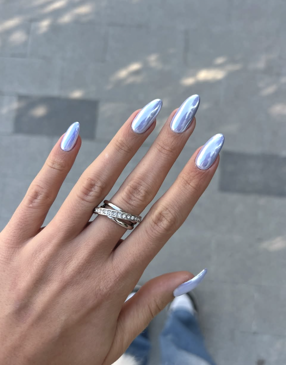 Cute denim-blue chrome for a back-to-school manicure