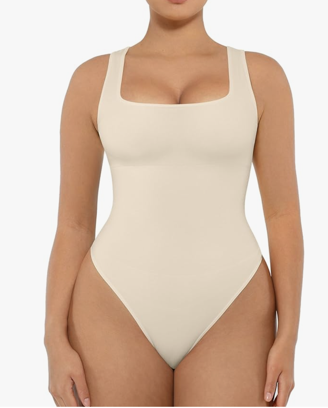 A cream-colored square neck tummy control bodysuit from Amazon, designed to provide a supportive and smoothing base layer for styling a big belly.
