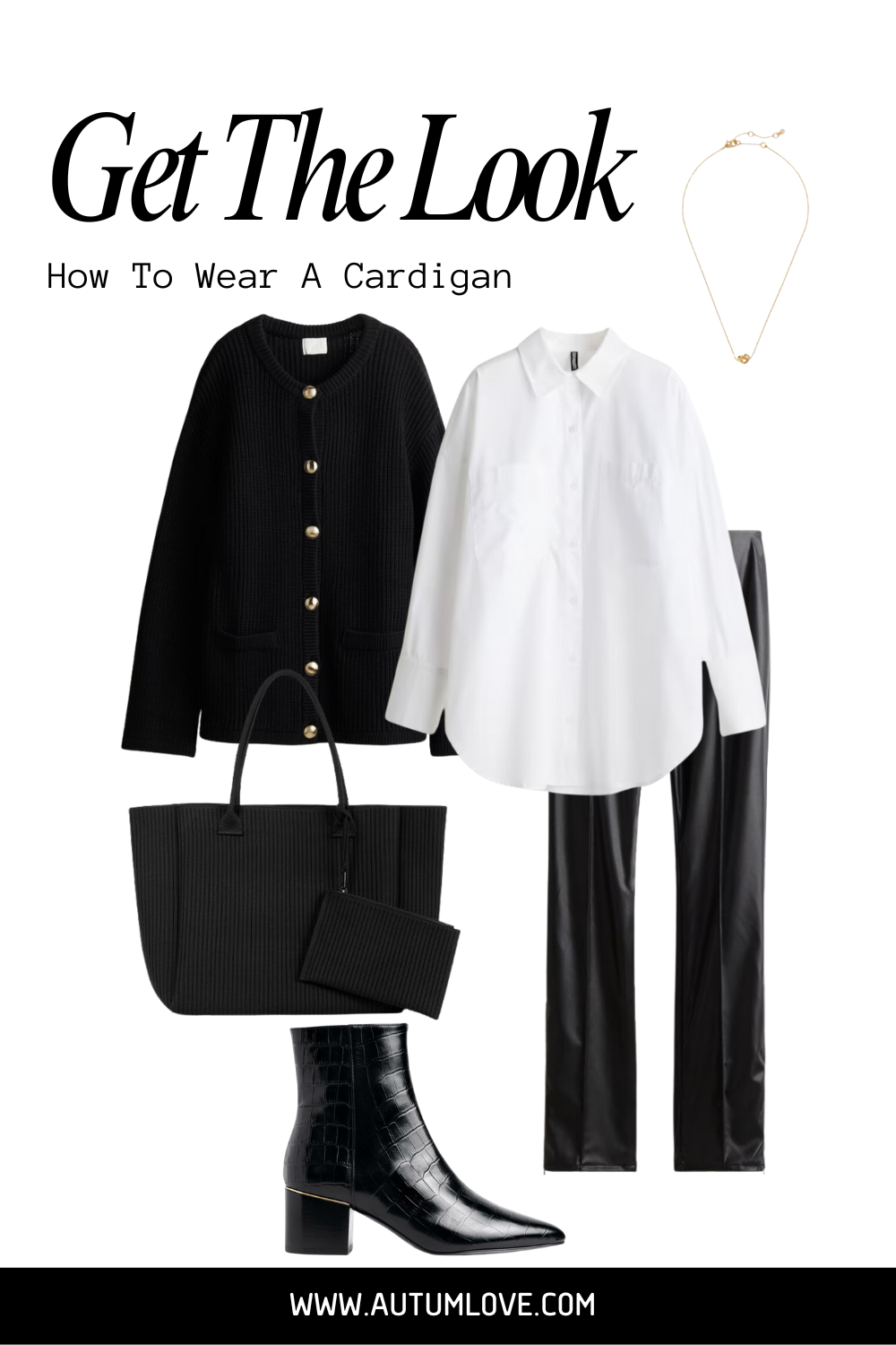 Flat lay outfit featuring a cream v-neck cardigan, black faux leather leggings, a white button-down shirt, and black pointed-toe ankle boots.