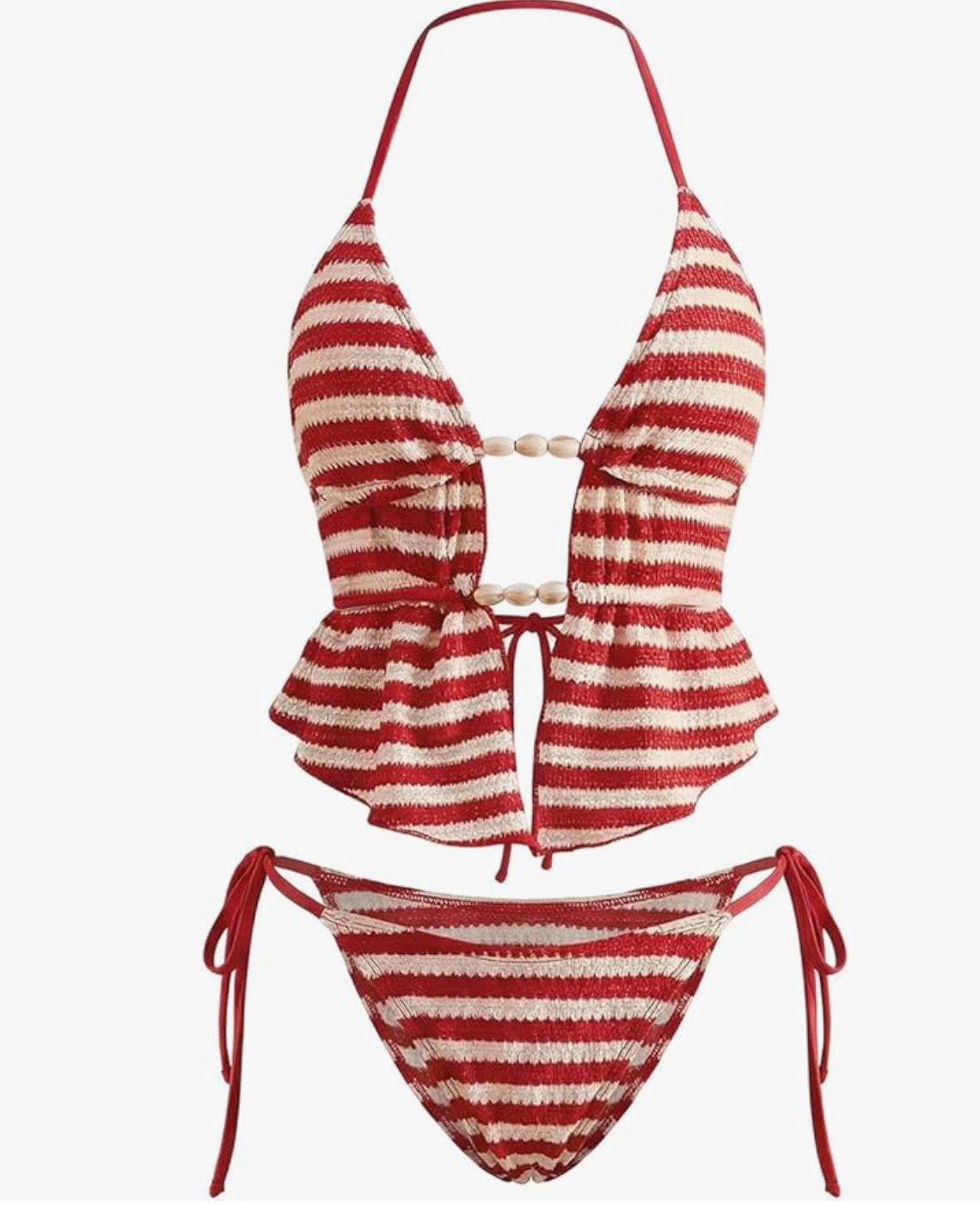 A red and white striped tankini top with wooden bead accents on the straps, paired with matching striped board shorts, part of the best tankinis with shorts for 2026.