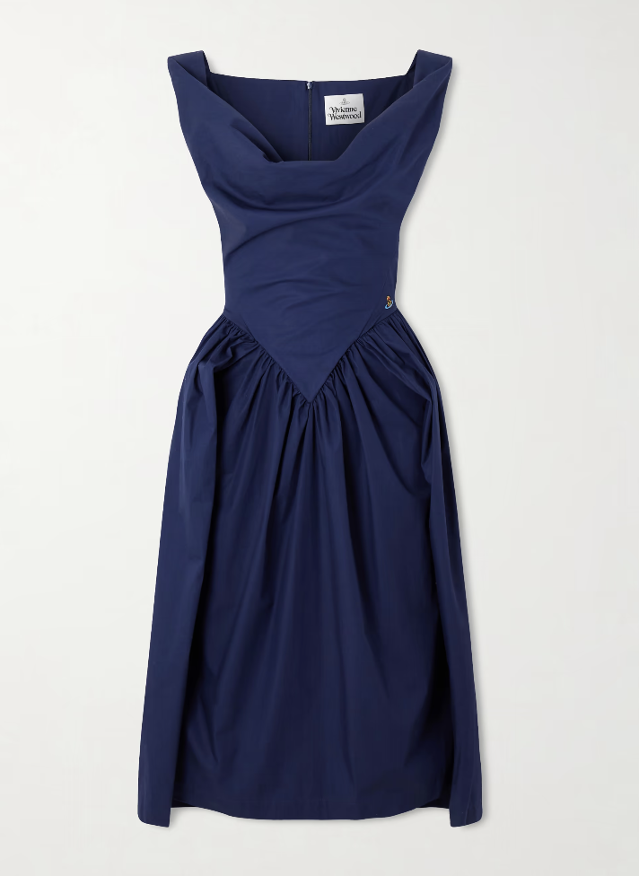 A woman wearing a navy Vivienne Westwood Sunday gathered cotton-poplin midi dress with signature structural draping and a corseted silhouette for a luxury spring wedding.
