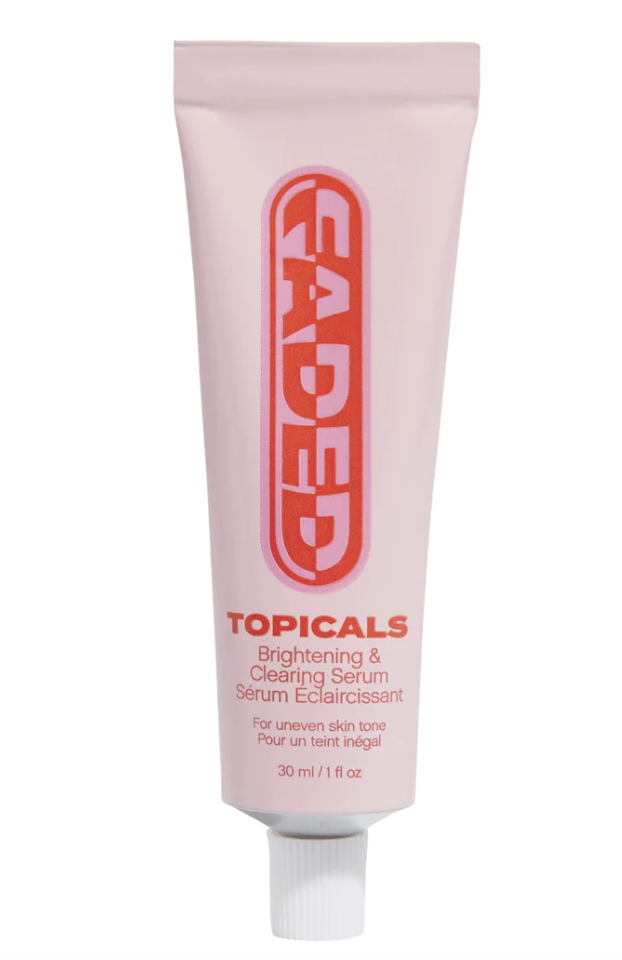 Topicals Faded Brightening and Clearing Serum in a signature pink and red tube, a clinical skincare treatment for dark spots and hyperpigmentation on melanin-rich skin."