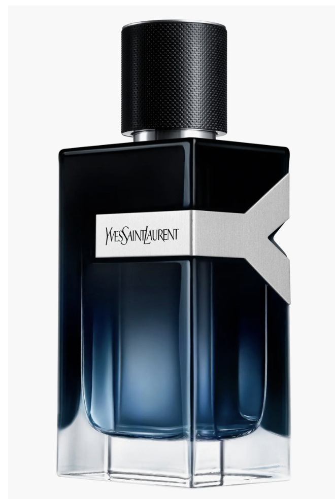 A close-up shot of a bottle of YSL Y Eau de Parfum for men, featuring its deep blue gradient glass bottle, silver Y-shaped accents, and a textured black cap.