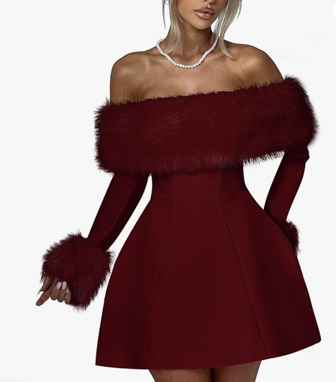 Off Shoulder Long Sleeve Fur Trim A-Line