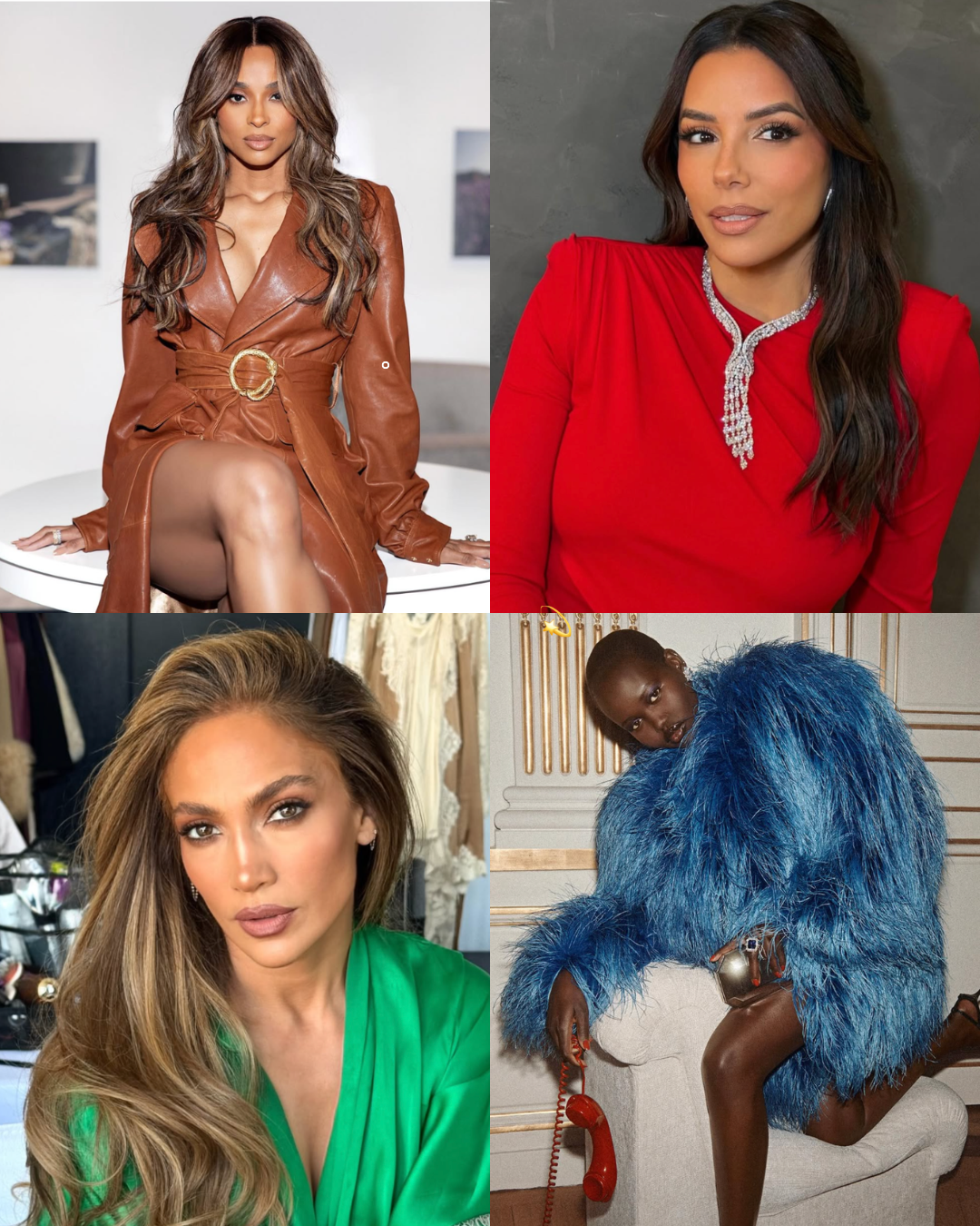 A diverse four-way color comparison featuring Jennifer Lopez and Ciara, illustrating how different seasonal palettes—from warm earthy tones to cool vivid brights—harmonize with medium and deep skin tones.