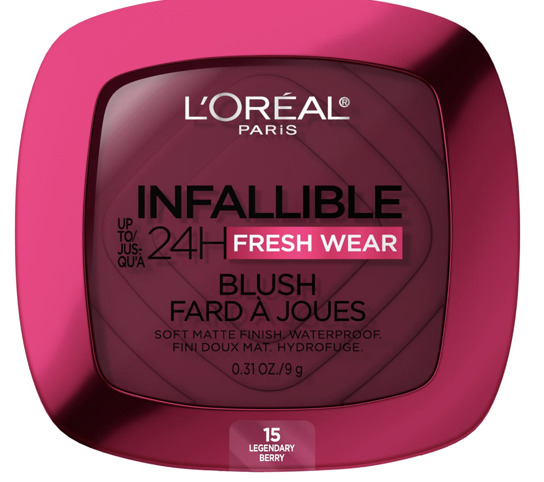 A close-up of L'Oréal Infallible 24H Fresh Wear Blush in the shade 15 Legendary Berry, showing the vibrant berry-pink powder in a round compact with a soft matte finish.