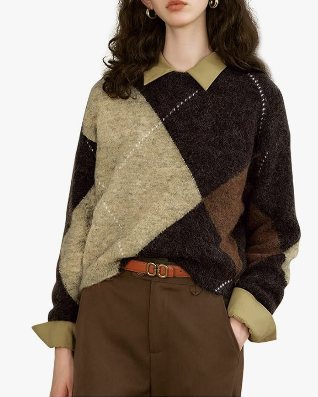 A pro stylist-recommended argyle long sleeve sweater in brown and tan tones, layered over a collared shirt and styled with a brown belt and trousers.