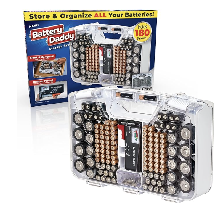 Battery organizer case with labeled battery slots and tester