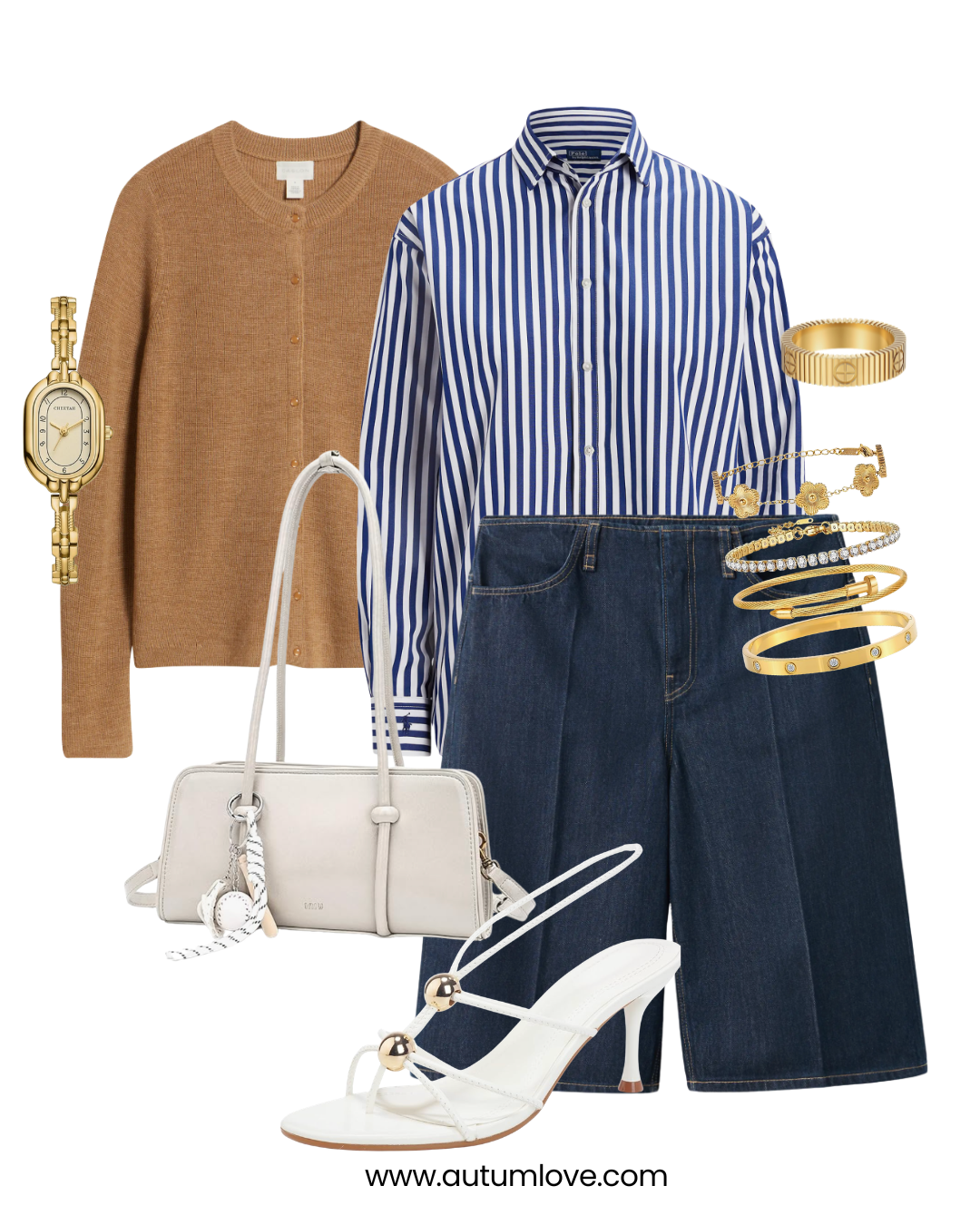 A professional flat-lay outfit for work featuring a blue and white striped Oxford button-down shirt, a tan button-up cardigan, dark wash longline denim shorts, white strappy heeled sandals, a white leather handbag, and a gold watch.