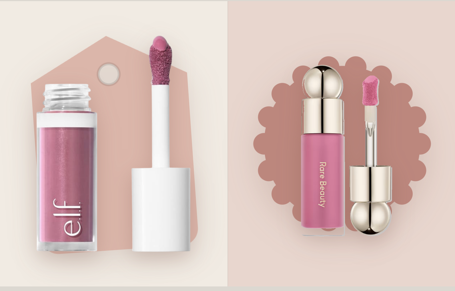 A side-by-side product shot comparison showing the pink e.l.f. Camo Liquid Blush tube with its rounded doe-foot applicator pulled out next to the Rare Beauty Soft Pinch Liquid Blush bottle.