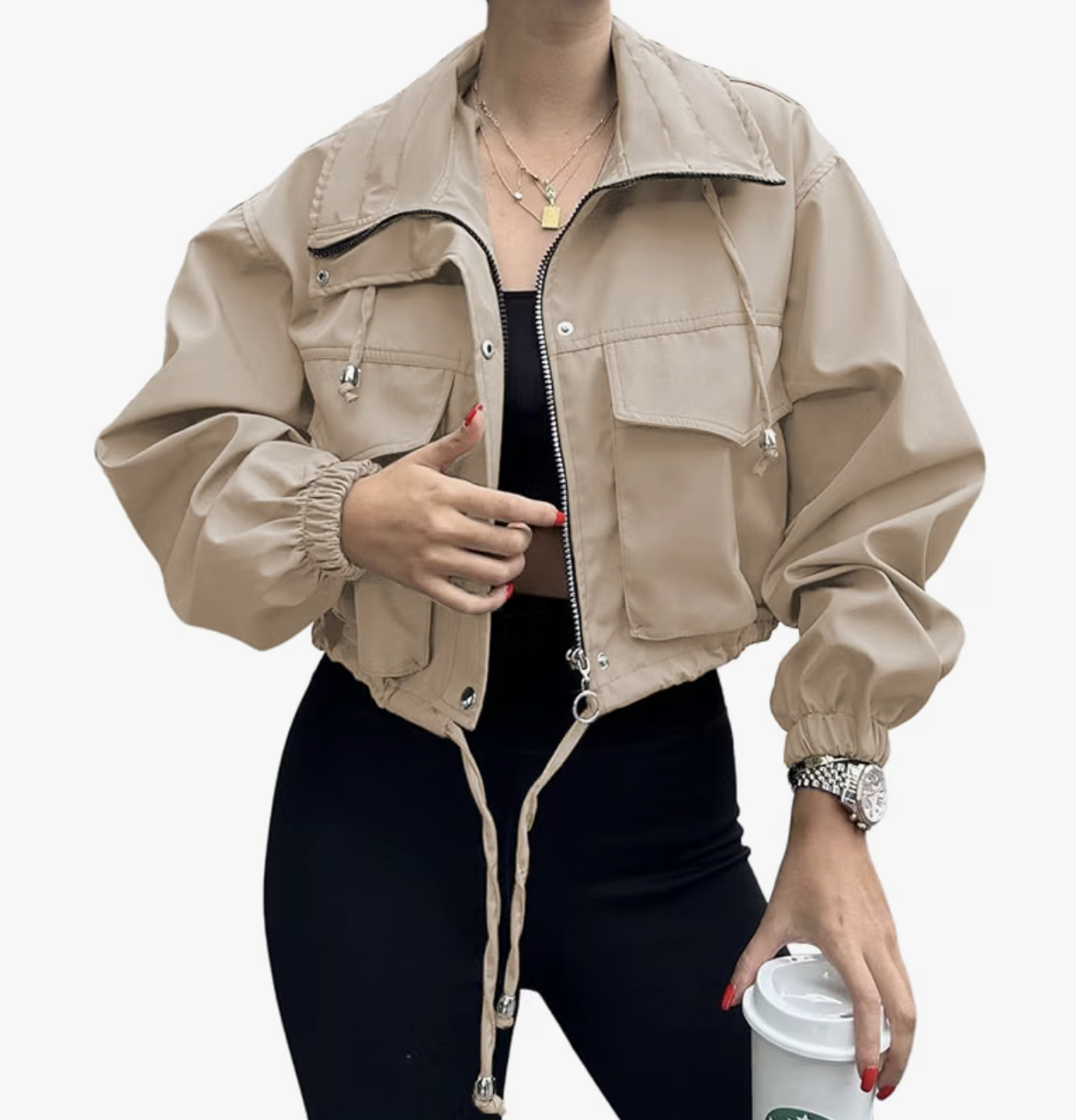 Tankaneo cropped utility jacket with flap pockets and a drawstring hem