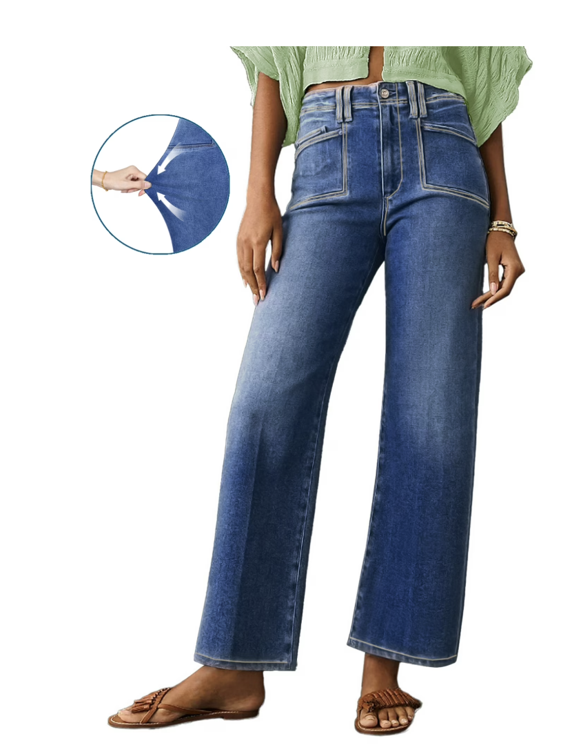 A woman wearing dark-wash high-waisted wide-leg jeans with large front patch pockets, featuring a cropped circular inset showing the stretch and thickness of the denim fabric.