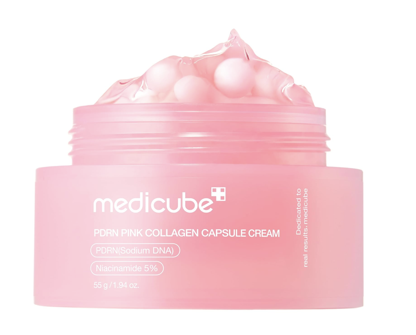 Medicube PDRN Pink Collagen Capsule Cream jar showing the pink capsule and gel texture