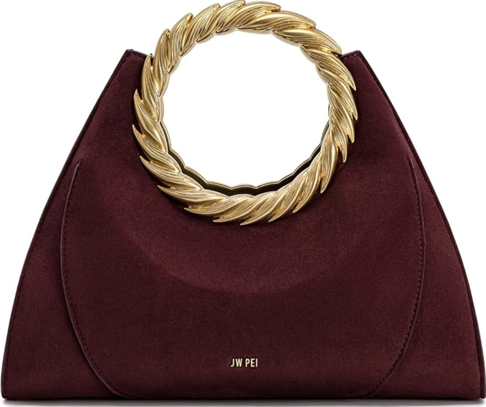 A deep burgundy JW PEI Amiya handbag with a crescent-shaped body and a chunky gold-toned sculptural handle shaped like a leaf.