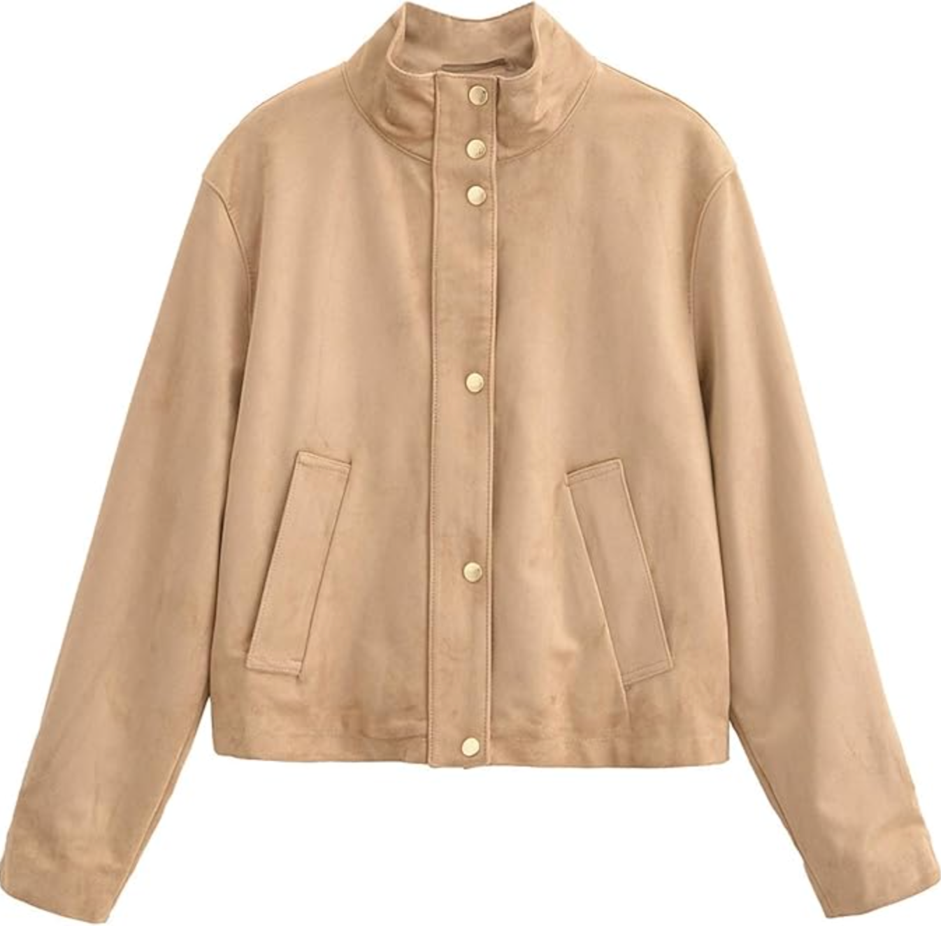 Tan high-neck utility jacket with a gold snap-button closure and two large front flap pockets.