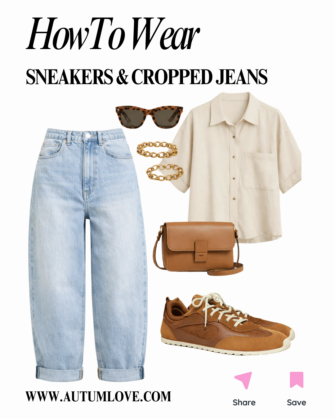An outfit collage for cropped jeans featuring light-wash cuffed denim, a cream button-down shirt, a tan leather crossbody bag, and brown suede statement sneakers.