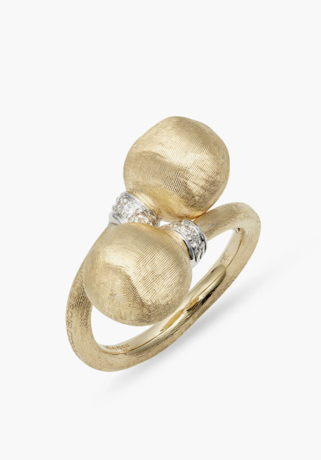 "Marco Bicego 18K Gold Crossover Ring featuring a hand-engraved texture and a unique crossover design