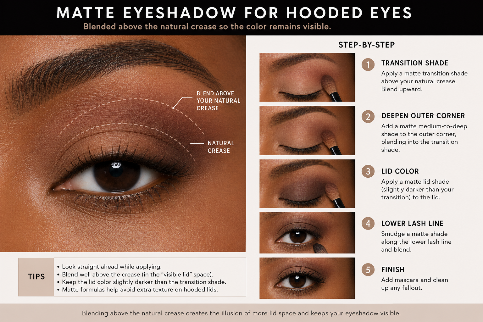 Matte eyeshadow blended above the natural crease so the color remains visible on hooded eyes.