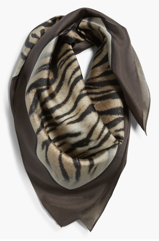 Printed square silk scarf from Nordstrom laid flat on a white background