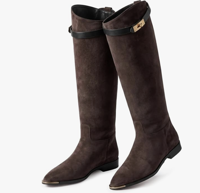 Dark brown suede knee-high riding boots with buckle details.