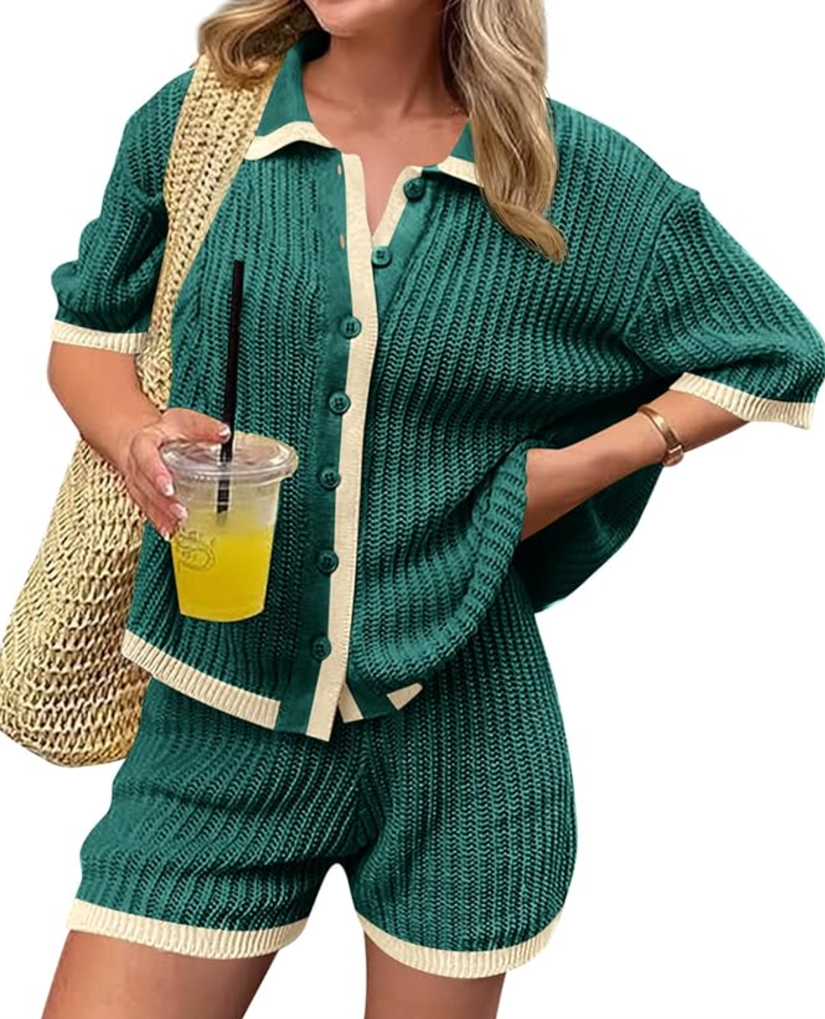 : A woman wearing a dark green 2 Piece Short Set featuring a button-up short-sleeve knit shirt with cream trim and matching shorts, styled for a summer BBQ.