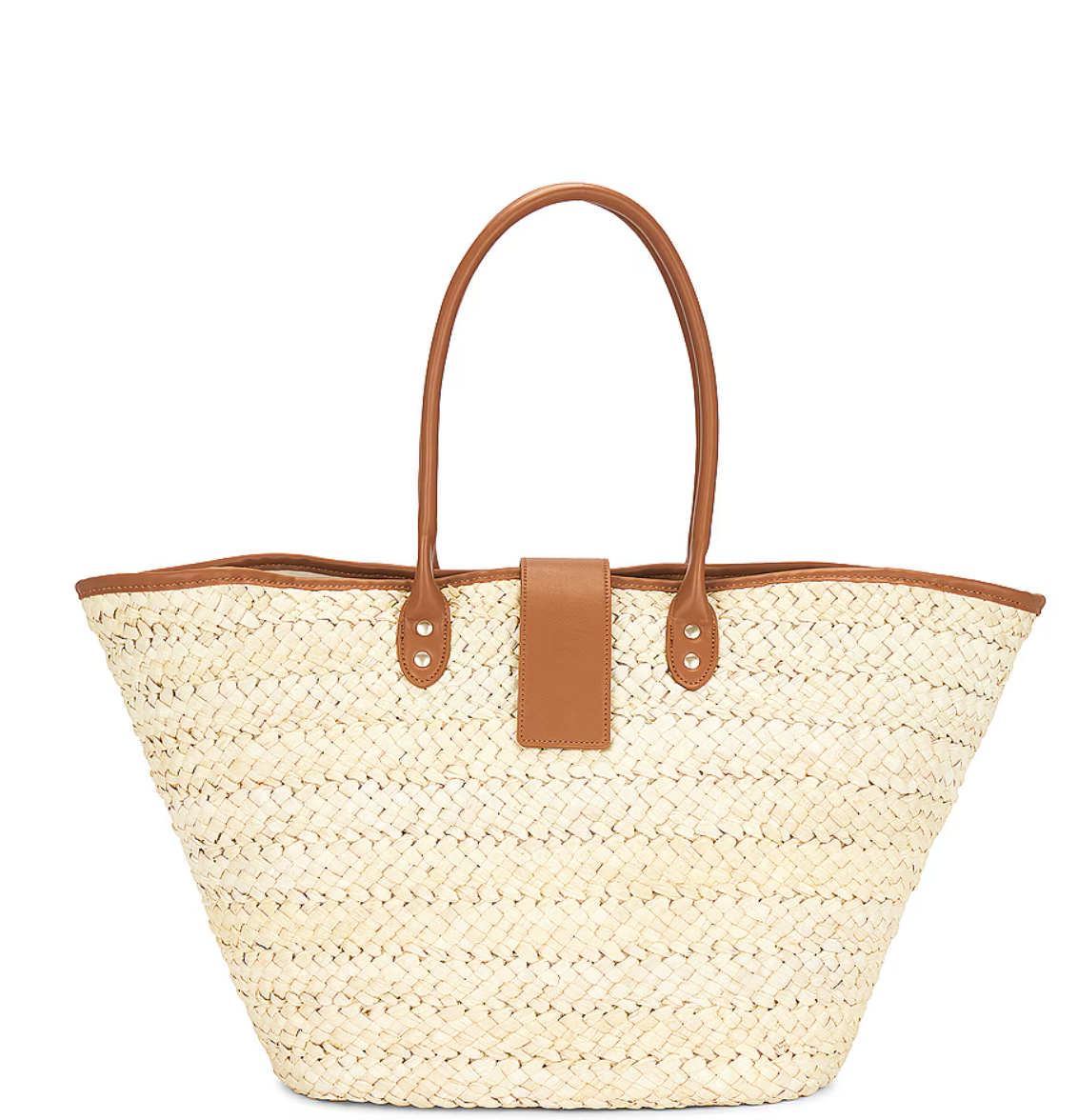A classic woven straw beach tote bag with brown leather handles and trim, suitable for carrying essentials for a day in Hawaii.
