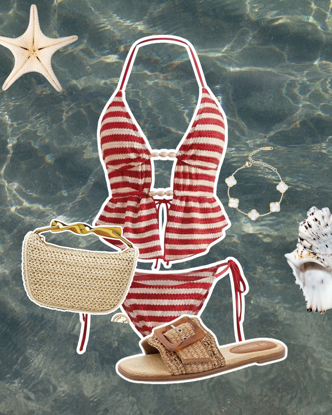 Flat lay of the best tankini 2 piece swimsuit for 2026 featuring a red and white striped ruched top with straw accessories on a water background.