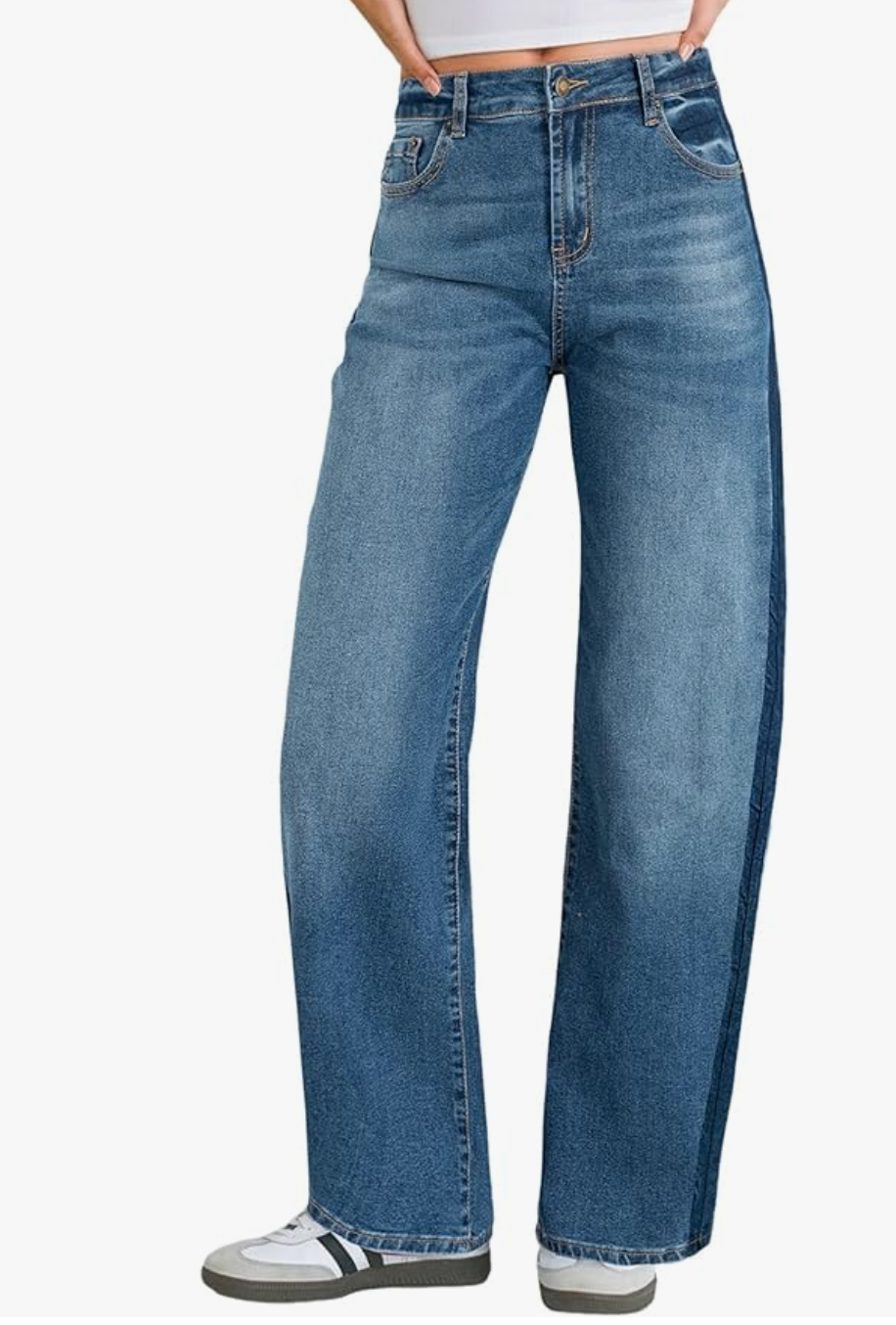 Amazon Essentials Baggy Jeans in a medium wash, featuring a relaxed wide-leg fit and a long inseam styled with platform sneakers.