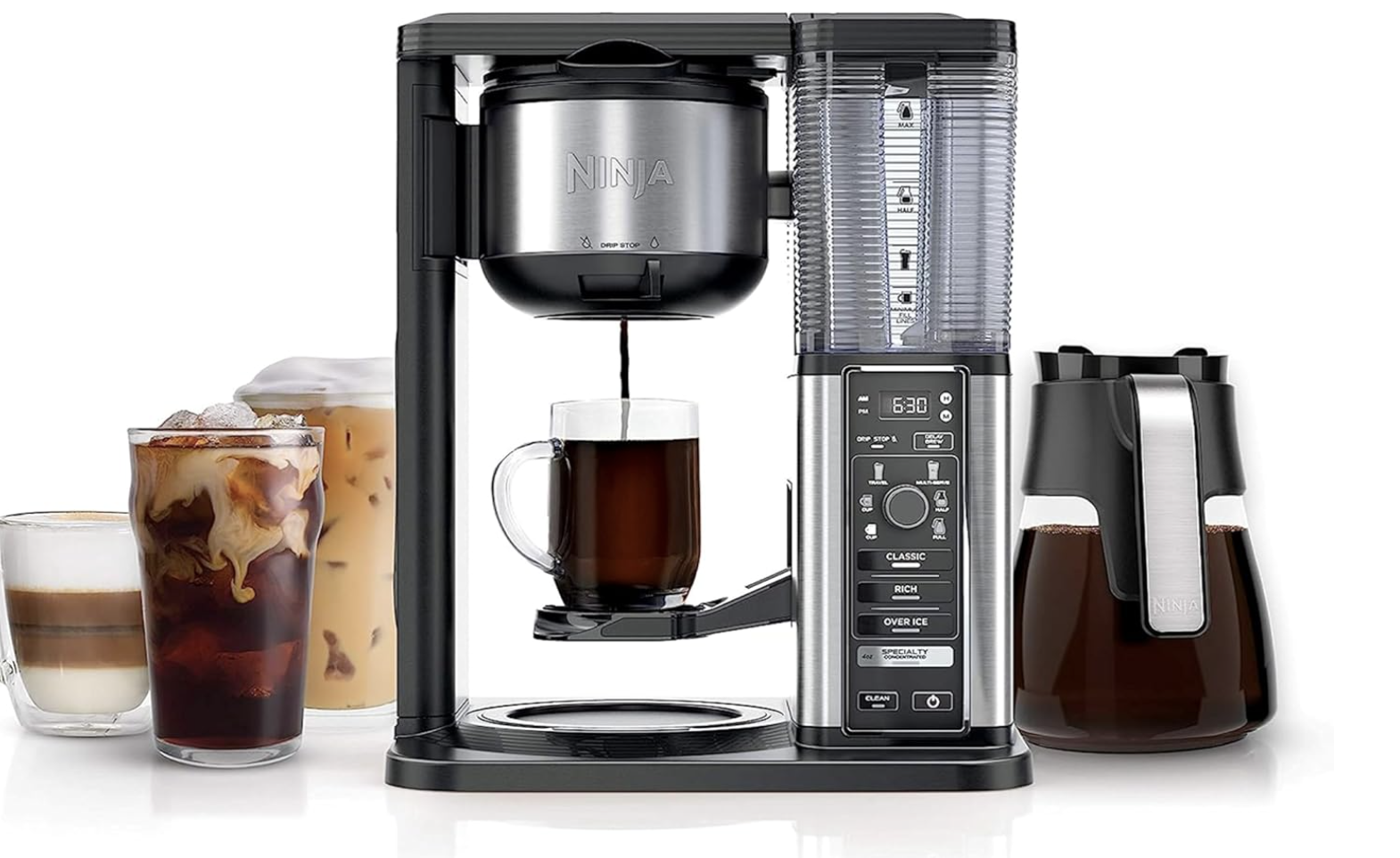Iced coffee served over clear café-style ice