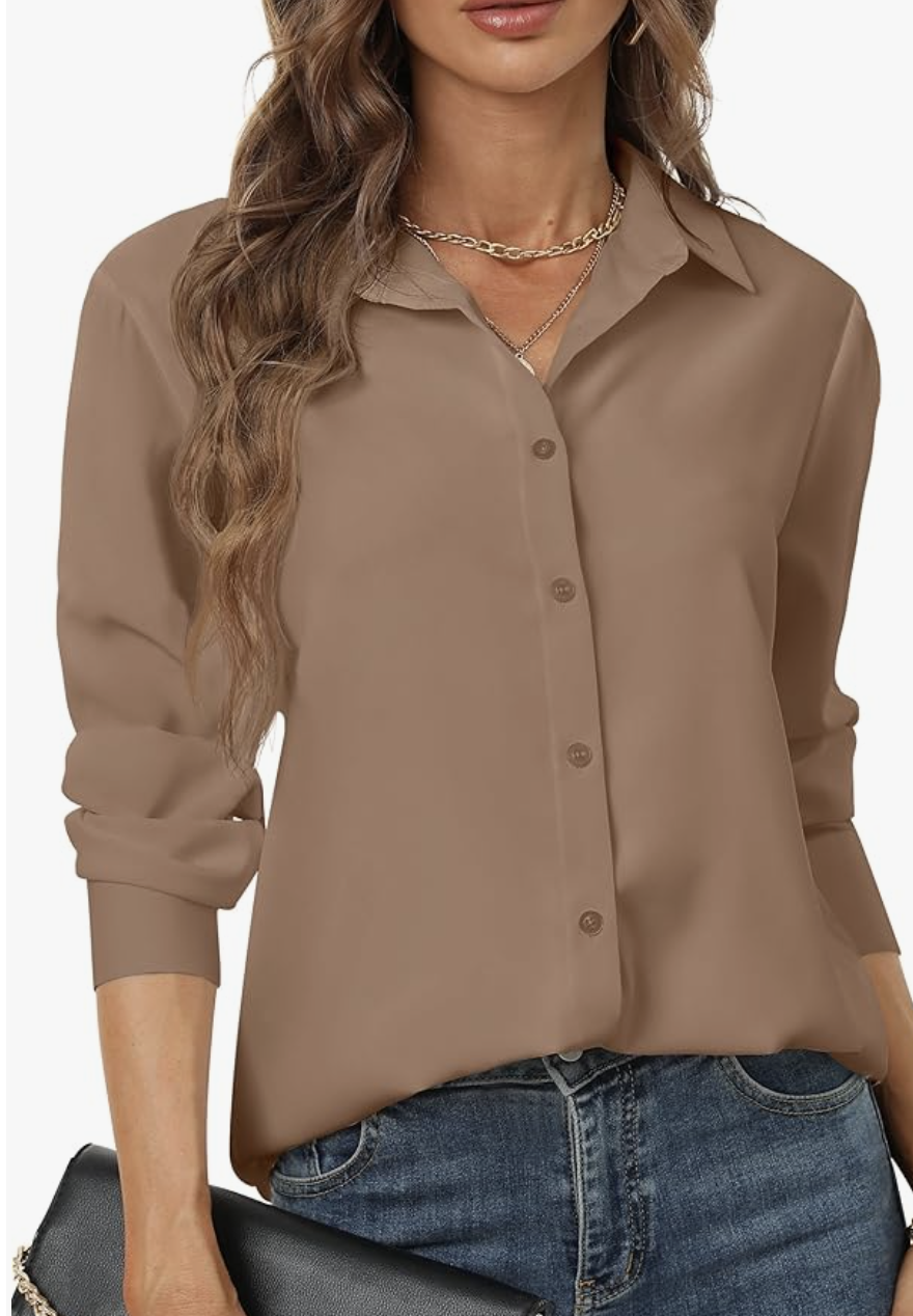 A product photo of a woman wearing the Amazon Classic Collard Soft Shirt in tan, featuring a relaxed fit and button-down front, tucked into blue jeans as a versatile base layer for a 2026 outfit.